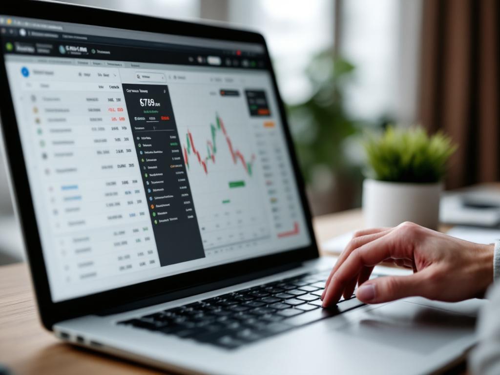 Close-up of a laptop screen showing a generic crypto exchange order interface — order book on one side, buy/sell form on the other (no specific exchange branding; could be a mockup or a heavily blurred real screen). Hand resting near the trackpad, su