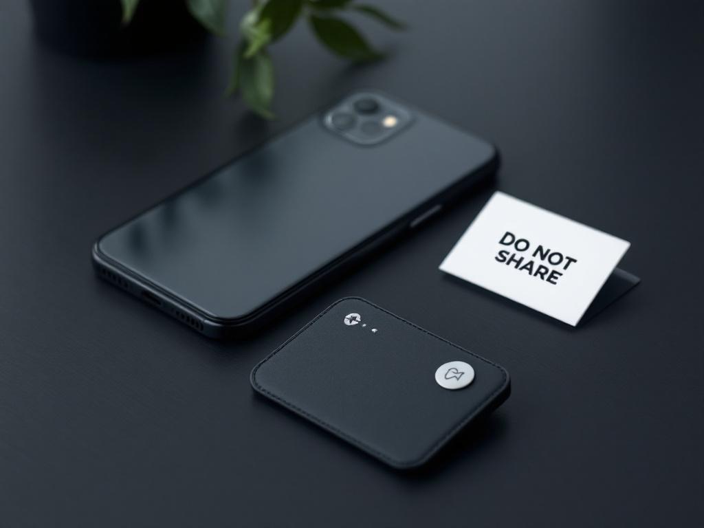 A hardware wallet (Ledger Nano-style or Trezor-style, branding obscured or generic) sitting next to a smartphone for scale, on a dark surface. A small card with the words "DO NOT SHARE" and a portion of a redacted seed phrase visible — emph