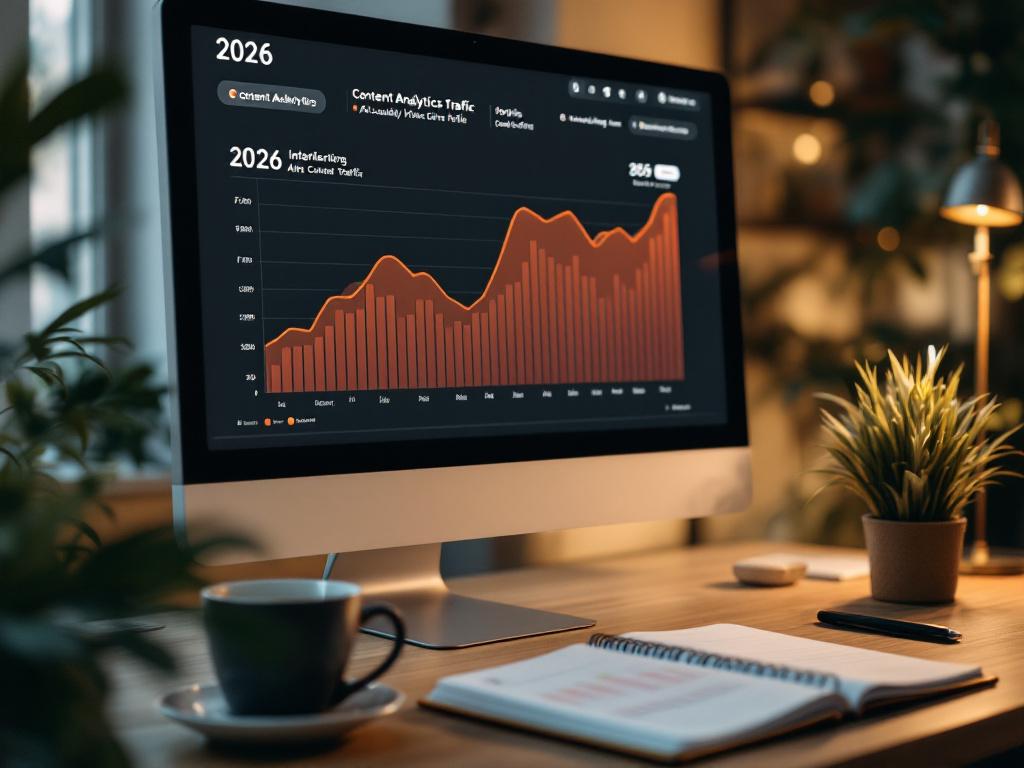 Vue grand angle d'un écran de bureau affichant un graphique de trafic Google Analytics avec un point d'inflexion clair — plat pendant des mois, puis en hausse régulière après une date marquante spécifique. Tasse de café et bloc-notes ouvert avec un calendrier de contenu visible à côté