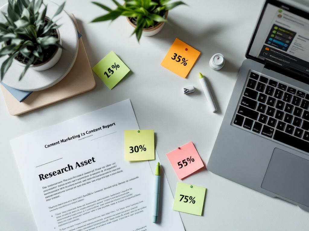 Vue aérienne d'un bureau avec un rapport industriel imprimé, marqueur de surbrillance, notes autocollantes avec statistiques entourées, et un ordinateur portable affichant un résultat d'outil de vérification des backlinks. Transmet le flux de travail des actifs de recherche.