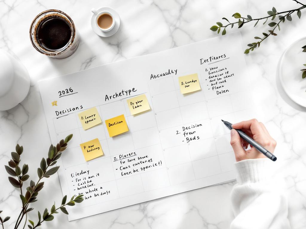 Vue de dessus d'un calendrier de contenu imprimé avec des notes manuscrites, des onglets autocollants marquant des dates spécifiques et un stylo en cours d'annotation. Une colonne visiblement intitulée « Archétype » avec des entrées remplies. Transmet la décision en cours, pas le plan fini.
