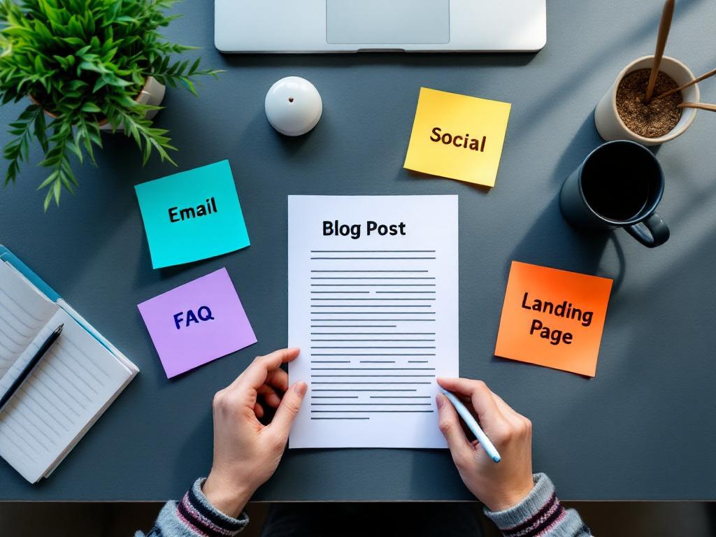 Uma foto limpa e moderna de uma mesa vista de cima mostrando um post de blog impresso no centro com quatro notas adesivas coloridas irradiando para fora, cada uma rotulada com um formato diferente (Email, Social, FAQ, Landing Page). Luz natural suave, nenhuma pessoa visível, profundidade de campo rasa