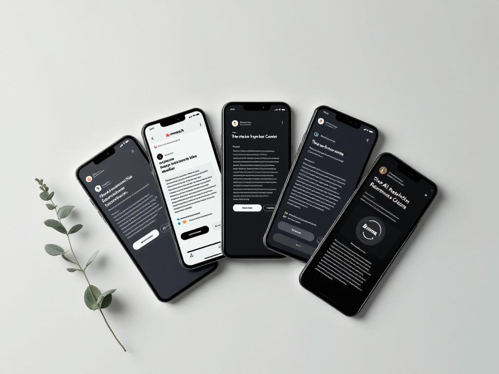 Uma foto plana de cinco telas de celular dispostas em leque, cada uma exibindo a interface de uma das ferramentas de reescrita (logo e resultado de paráfrase visível). Fundo neutro, luz de cima suave. Transmite a comparação sem usar material de marketing do fornecedor