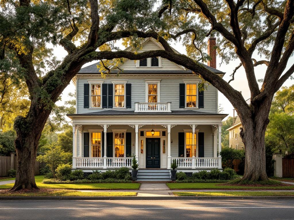 Restored two-story Victorian home on a Saint Augustine Historic District street, front elevation, late-afternoon golden hour light. Shows wraparound porch, period sash windows, mature live oak in foreground.