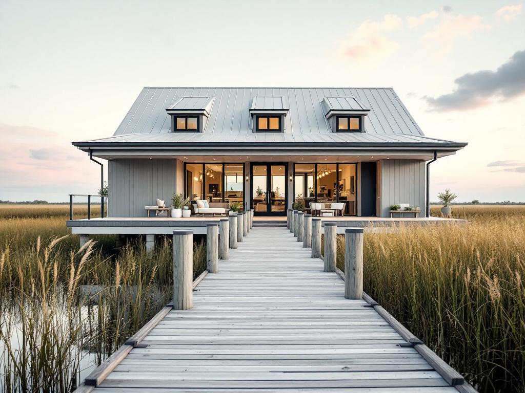 Contemporary waterfront home on the Matanzas River or Salt Run, low-angle exterior shot showing dock, marsh grass in foreground, modern architectural lines (clerestory windows, cementitious siding).