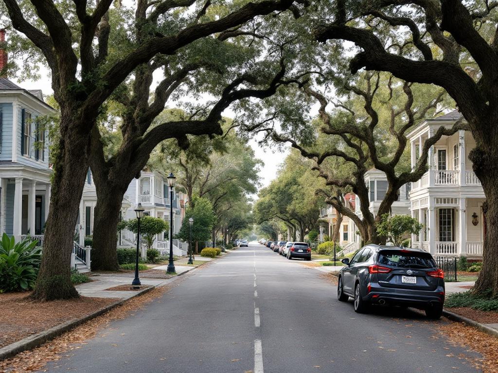 A typical Saint Augustine residential street scene — Lincolnville or a Historic District side street — showing mixed home ages, mature trees, parked cars, no tourists in frame.