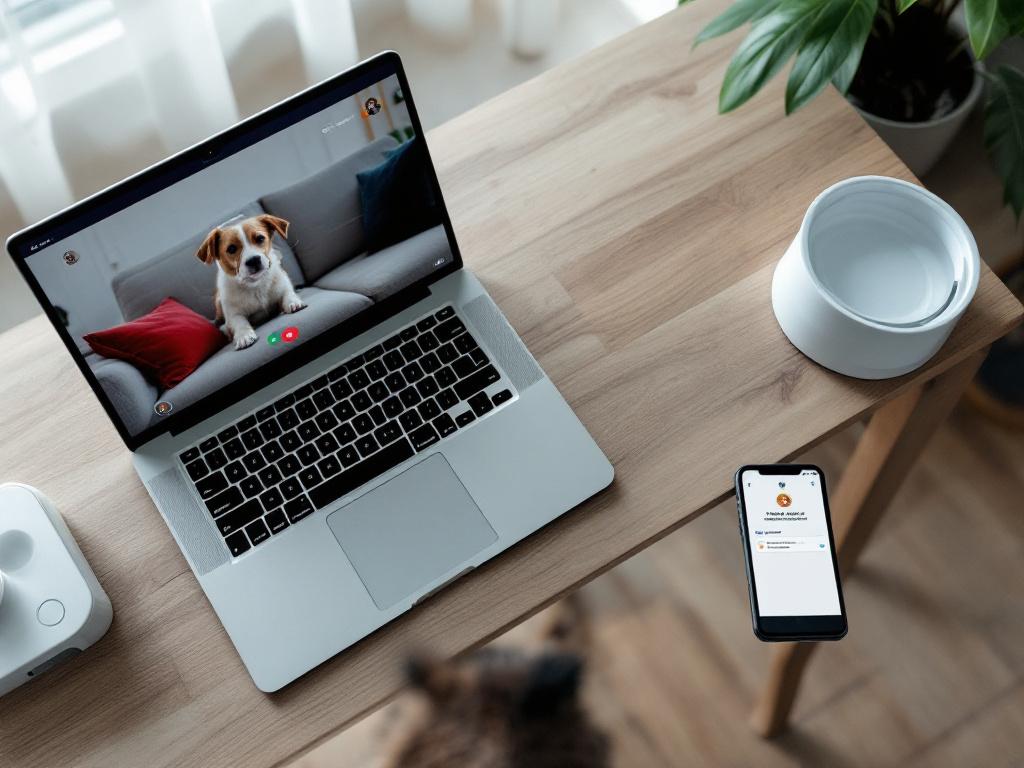 Hero image — overhead shot of a home office desk with a laptop displaying a pet camera feed of a dog on a couch, an automatic feeder visible on the floor in the background, smartphone showing a pet app notification. Natural daylight, neutral palette.