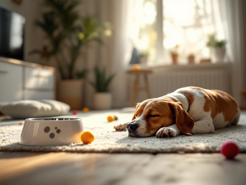 Realistic pet camera POV — a slightly grainy, wide-angle interior shot showing a dog napping on a rug, a tipped-over water bowl visible, scattered toys, late-afternoon light through a window. Deliberately un-stylized to contrast with marketing imager