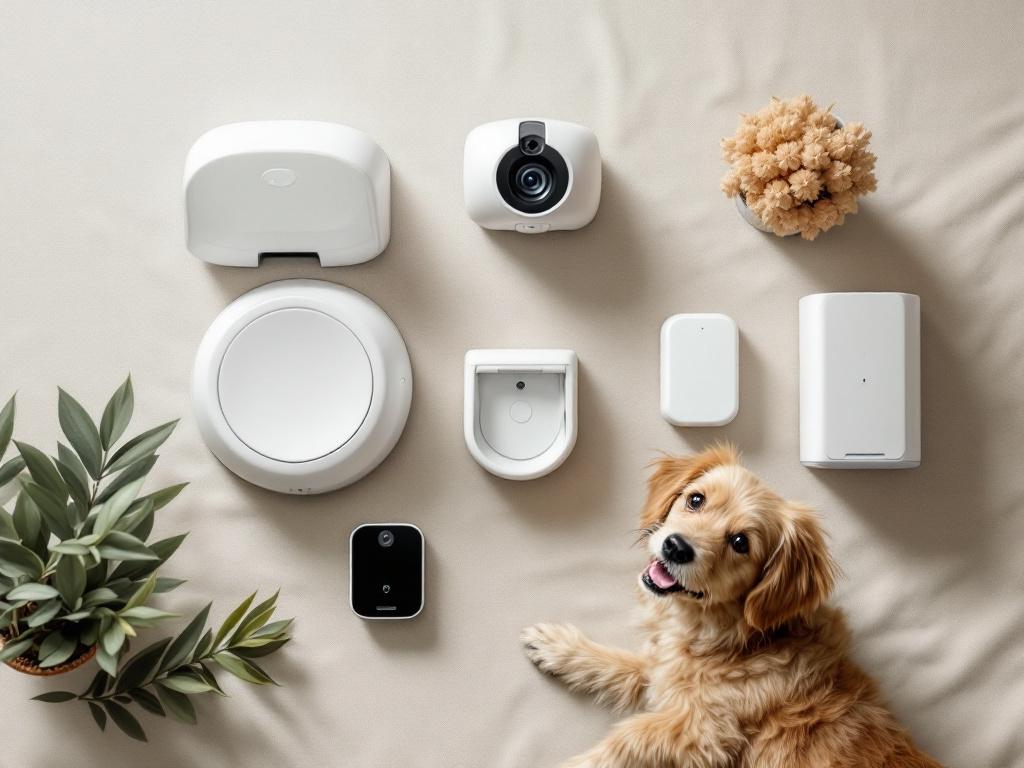 Flat-lay product family shot on a neutral linen background — automatic feeder, smart water fountain, pet camera, smart pet door (small unit or hardware), and medication dispenser arranged with a small label tag near each. Top-down angle, soft dayligh