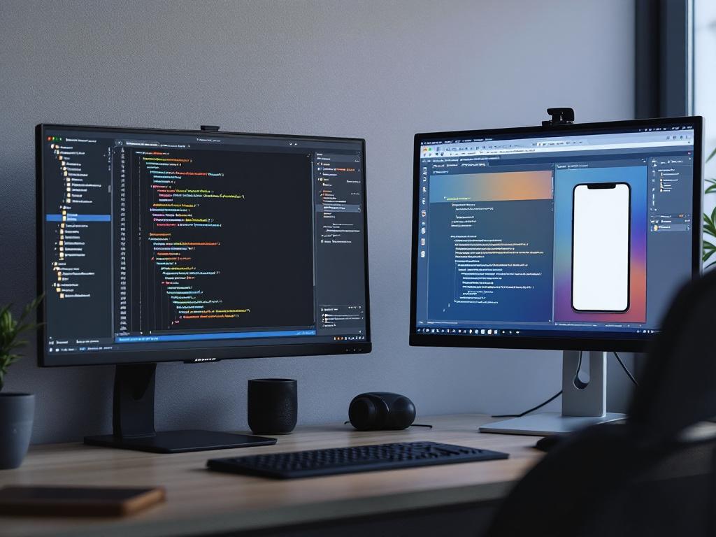 A developer's dual-monitor setup — left screen showing Android Studio with commonMain/androidMain/iosMain folders visible, right screen showing Xcode with an iOS simulator running the same app. Shot from over the shoulder, slightly elevated angle.