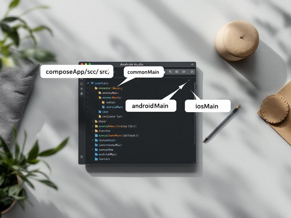 Annotated screenshot of Android Studio's project panel showing composeApp/src/ expanded — commonMain, androidMain, iosMain folders highlighted with callout arrows labeling each.
