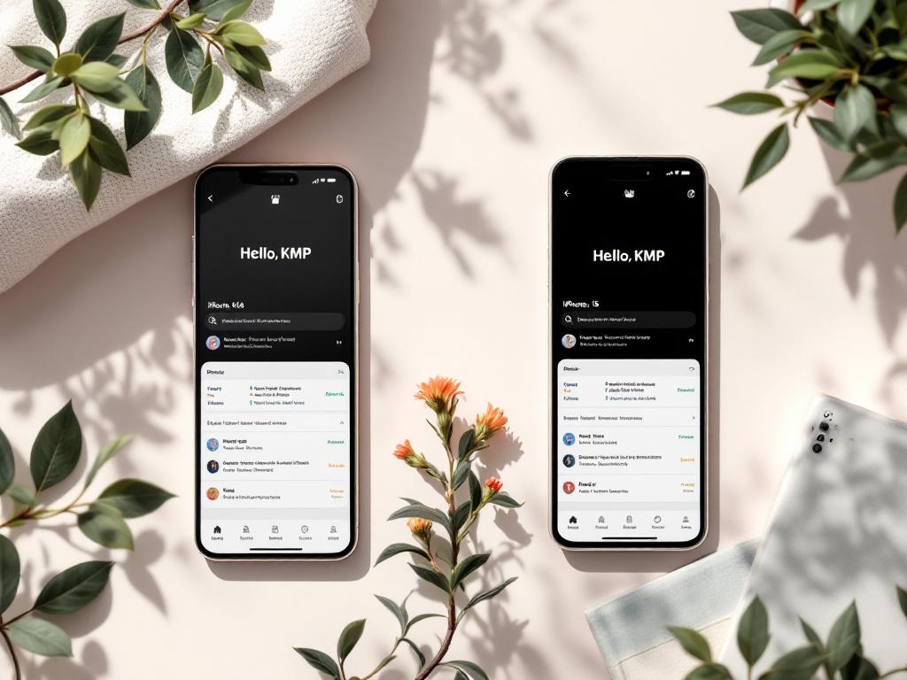 Side-by-side simulator screenshot — Pixel 7 emulator on the left, iPhone 15 simulator on the right, both displaying the template "Hello, KMP" screen.