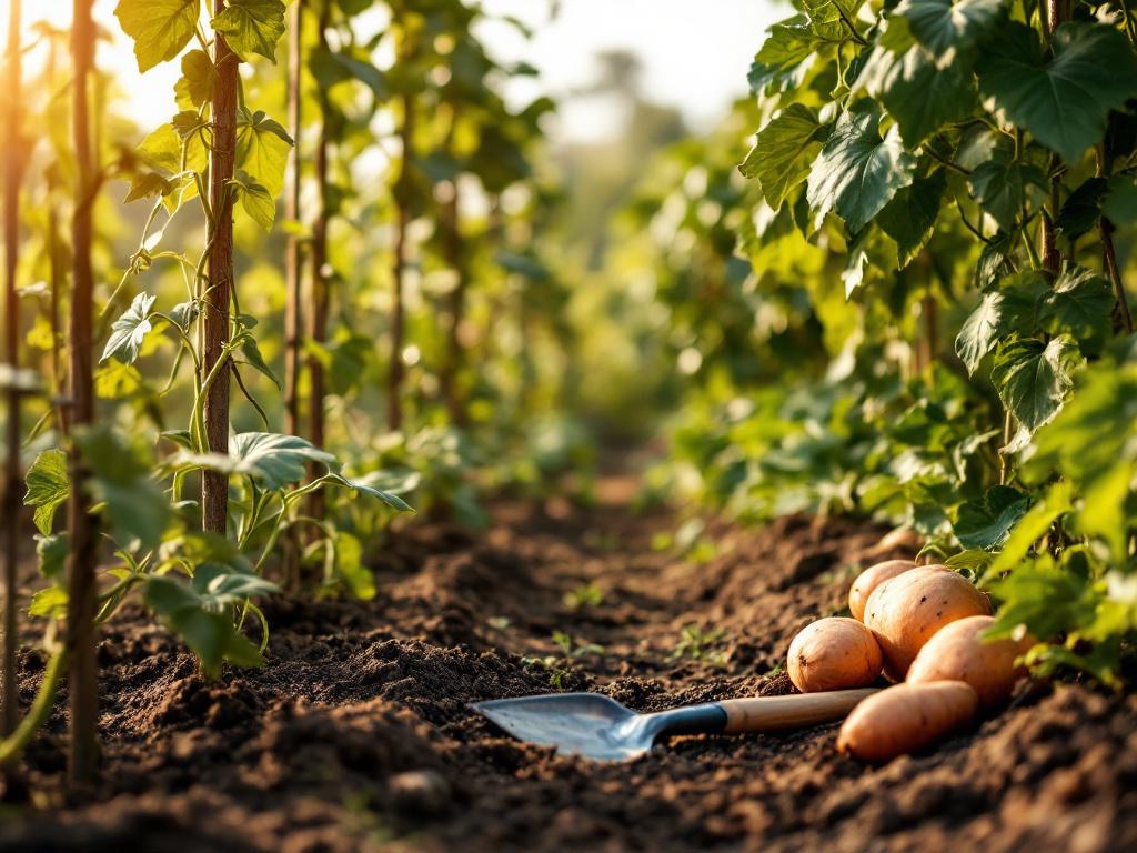 A small diversified plot photographed at mid-morning, slightly elevated angle. Visible: rows of beans climbing trellises, a patch of sweet potatoes with vines, a corner of squash. Hand tools (hoe, basket) in foreground. No machinery. Warm natural lig
