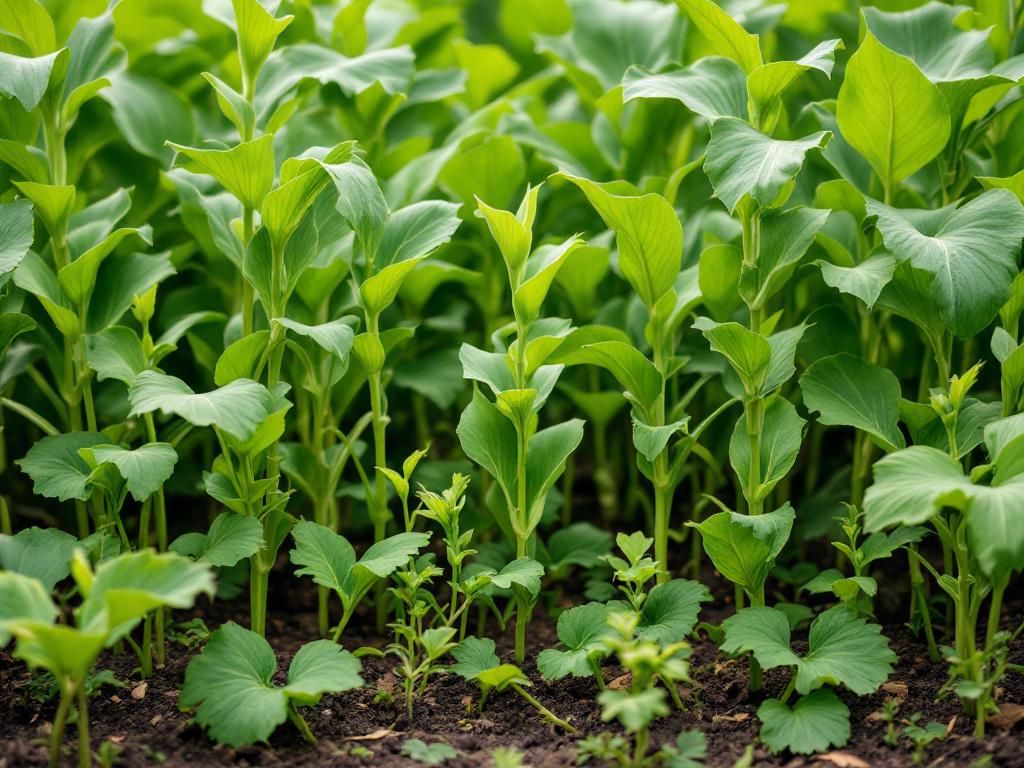 A polyculture plot showing the Three Sisters arrangement — corn stalks rising, beans climbing the corn, squash leaves spreading at ground level. Photographed late summer when all three are mature. Demonstrates climate-flexible subsistence design.