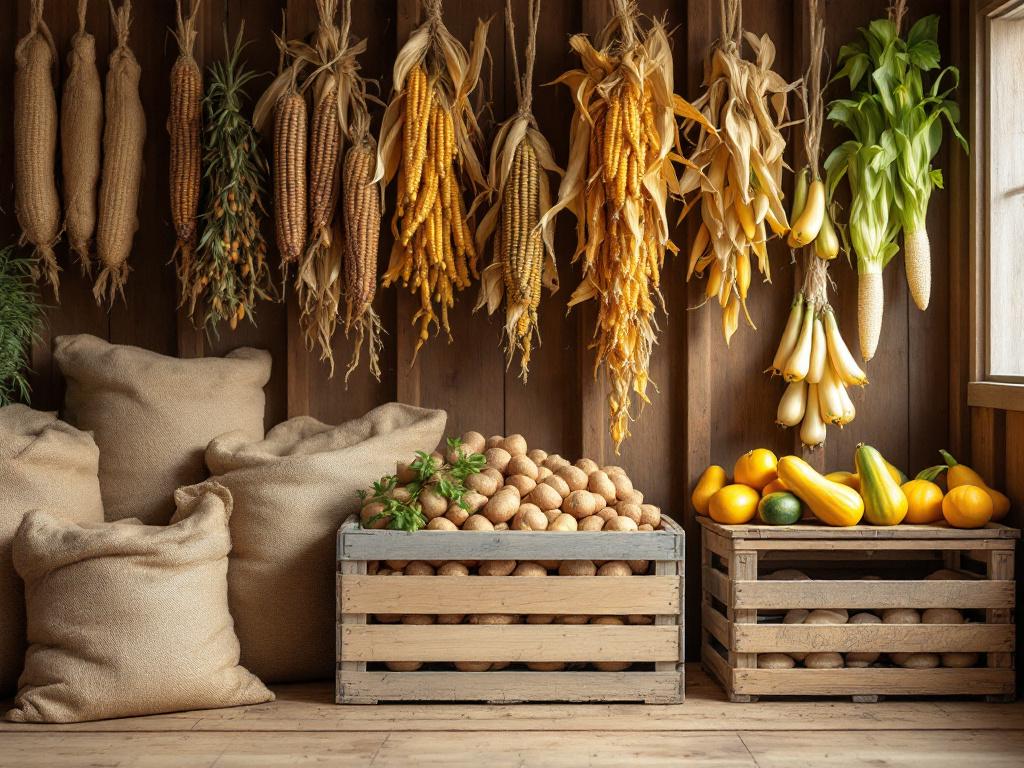 A storage scene — burlap sacks of dry beans, a wooden crate of cured potatoes, strings of dried corn hanging from rafters, and winter squash arranged on a slatted shelf. Cool indoor light, slight texture in the wood. Communicates 'the second harvest'