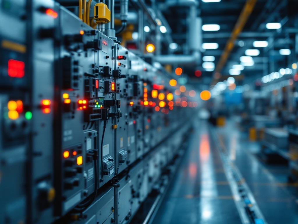 Wide-angle factory floor shot, mid-shift, mixed-vintage equipment visible — older PLCs in metal cabinets on the left, a modern edge gateway with status LEDs and a tablet/HMI on the right. Slight motion blur on a conveyor. Conveys "two eras of au