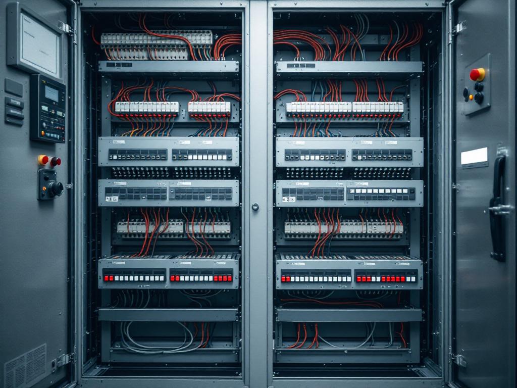 Tight shot of a traditional industrial control cabinet, doors open, showing dense bundled wiring, relay banks, terminal blocks, multiple stacked controllers with handwritten labels. Tangible image of hardware-locked complexity.