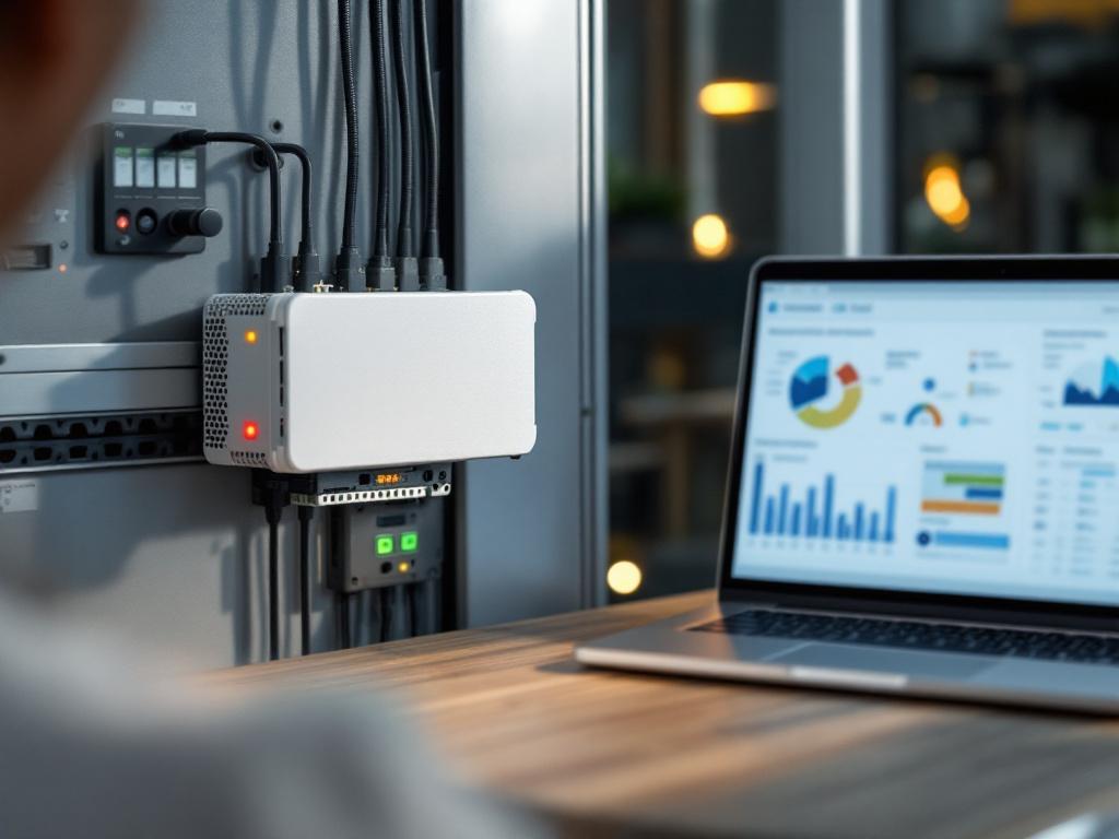 A hybrid control setup — industrial edge gateway mounted on a DIN rail in a clean control cabinet, running status indicators visible, with a laptop or tablet beside it showing a multi-pane orchestration dashboard (graphs, fleet status). Conveys &quot