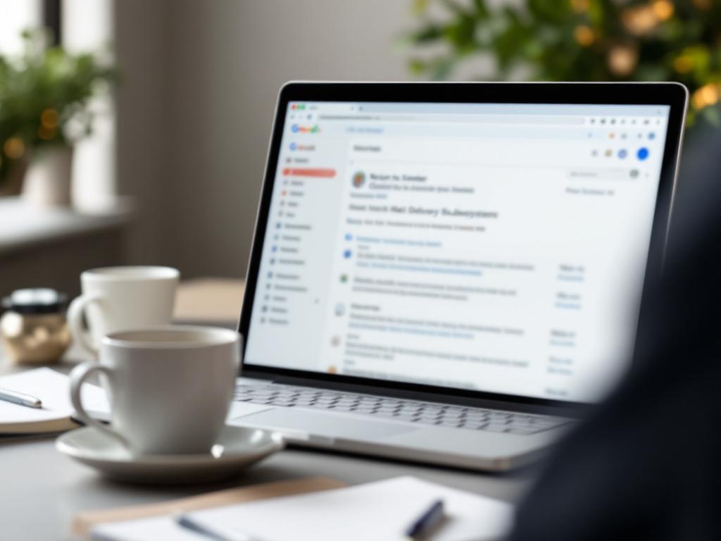 A laptop screen showing a Gmail "Mail Delivery Subsystem" bounce notification in the inbox, slightly out of focus, with a coffee cup and notebook in foreground. Shot from above-shoulder angle. Mood: a working professional confronting a prob