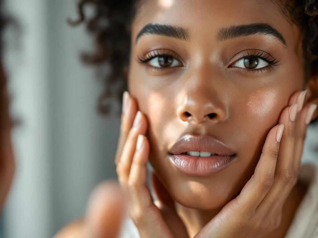 Close-up, soft natural window light, of a woman in her 30s–40s with medium-brown skin examining her cheek in a handheld mirror. Visible mild hyperpigmentation on the malar area. No product visible. Neutral expression. Anchors the article in realism, 