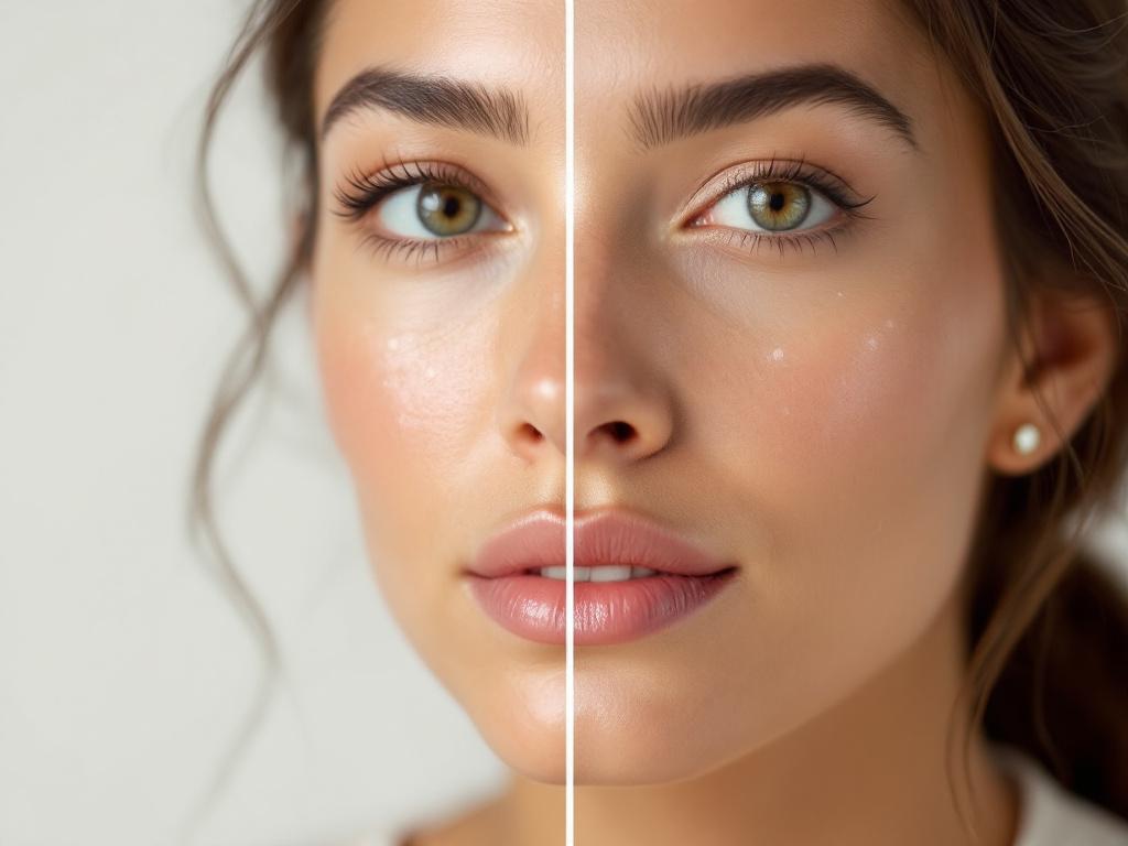 Realistic before/after composite on medium-deep skin tone — visible reduction in solar lentigines on cheekbone area, taken 12 weeks apart, same lighting. No filtering. Caption: "Realistic 12-week progress on a Fitzpatrick V skin tone — fade is v