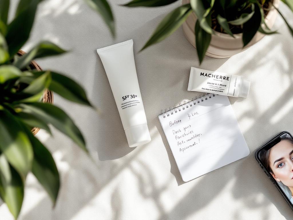 Flat-lay on a neutral linen surface: SPF 30+ tube, single tube of dark-spot cream (label obscured/generic), a small notebook with handwritten dates, a phone showing a "before" photo of a cheekbone, and a dermatologist appointment card. Soft