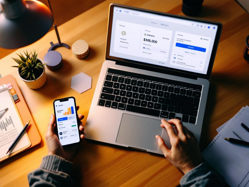Übersichtsaufnahme eines Laptop-Bildschirms mit einer Krypto-Wallet-Schnittstelle mitten in einer Transaktion, mit einem Telefon daneben, das eine Blockchain-Explorer-Seite anzeigt. Warme Schreibtischbeleuchtung, kein menschliches Gesicht sichtbar, professioneller und ruhiger Ton. Beschriftung: "Eine einzelne Krypto-Zahlung