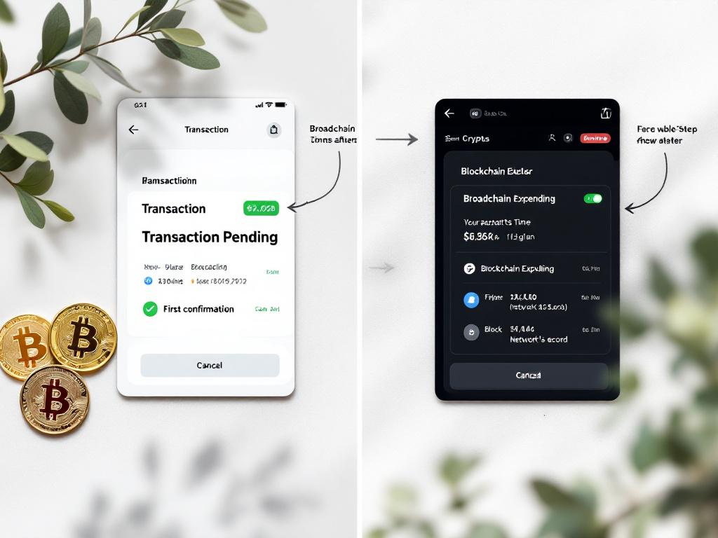 Nahaufnahme-Screenshot-Komposition, die links einen „Transaktion ausstehend