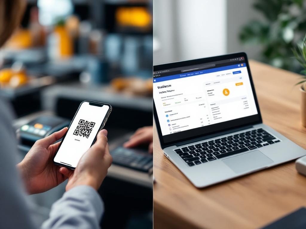 Ein Split-Screen-Bild: Linke Seite zeigt eine Person an einem Checkout-Terminal mit einem Telefon, das einen Lightning-QR-Code anzeigt; rechte Seite zeigt einen Laptop mit einem Stablecoin-Dashboard und ein sichtbares Rechnungs-PDF. Beschriftung: "Unterschiedliche Szenarien, unterschiedliche Rails —