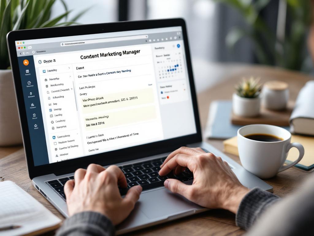 Foto de herói — tela de laptop mostrando uma lista de rascunhos do WordPress vazia com última data de publicação há 4 meses, café meio bebido, calendário visível mostrando reuniões seguidas. Transmite "Pretendia blogar mas fiquei sem tempo." Fotografia do ombro