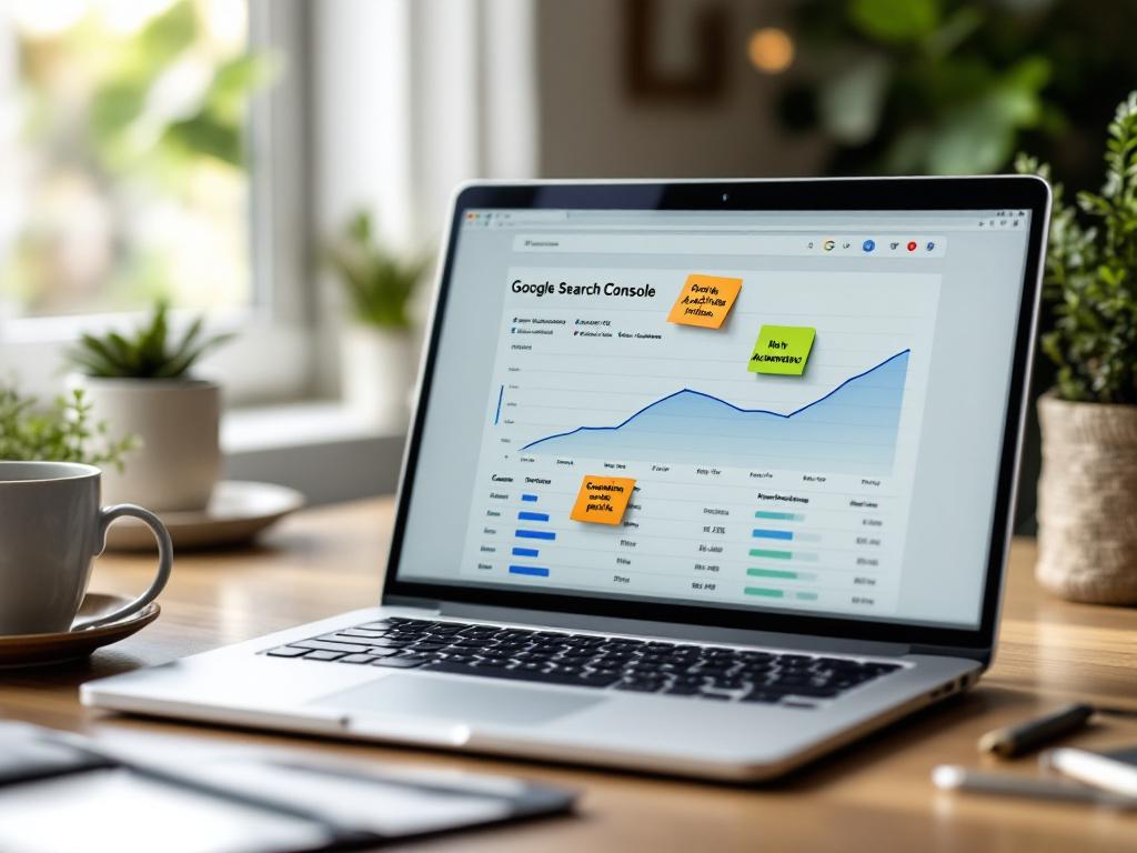 Tela de laptop mostrando um gráfico de tráfego do Google Search Console com uma clara curva de hockey stick começando por volta do mês 6. Anotações ou notas adesivas na tela apontam para pontos de inflexão. Transmite o resultado de composição.