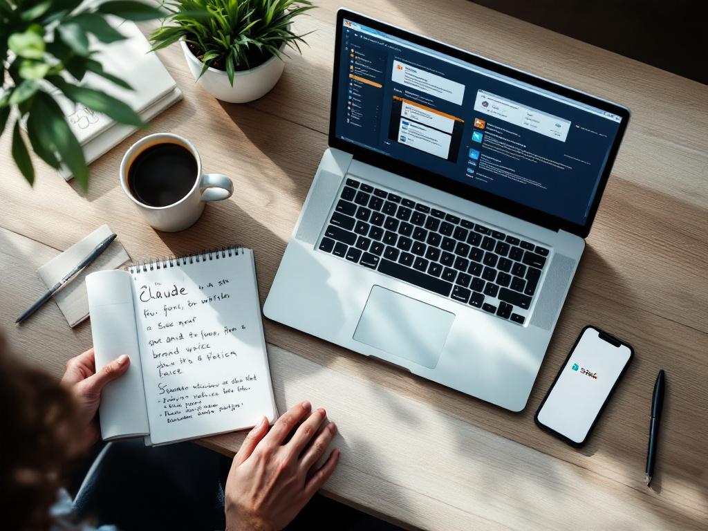 Hero image — overhead shot of a marketer's desk with a laptop showing 4-5 browser tabs (Claude, ChatGPT, a generic SEO tool dashboard), a notebook with handwritten brand voice notes, coffee cup, and a phone displaying a Slack notification. Mood: cont
