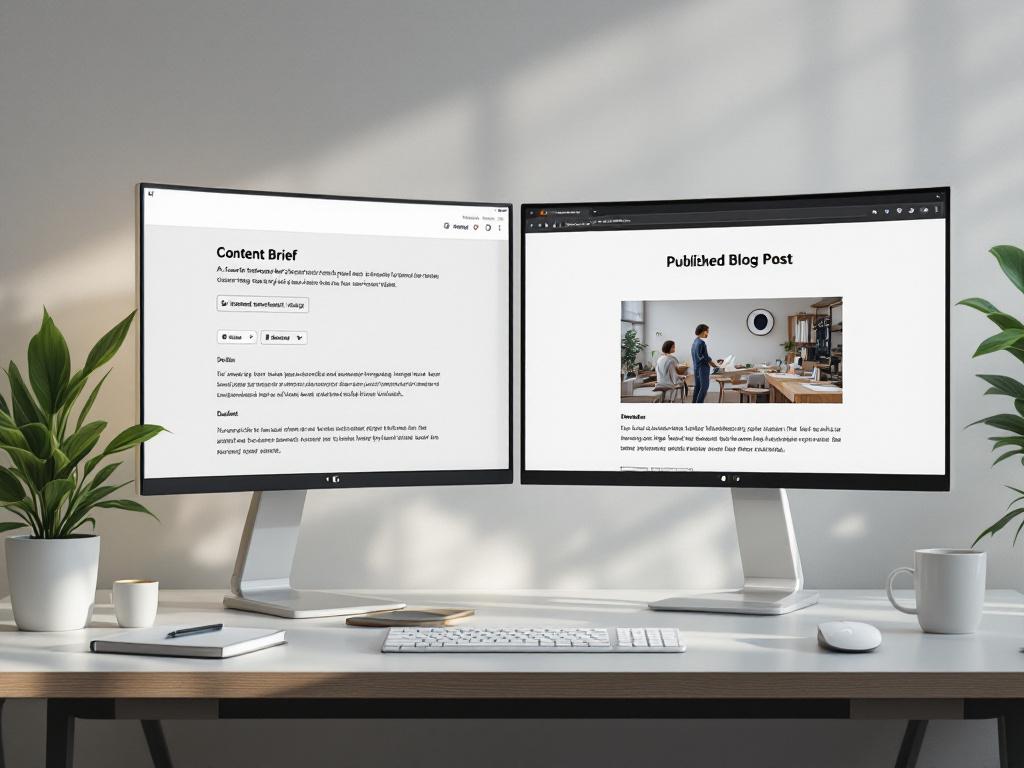 Split-screen monitor view: left side shows a content brief with keyword target, search volume, and outline structure visible; right side shows the resulting published blog post in a CMS preview. Conveys the brief → draft → publish workflow tangibly.