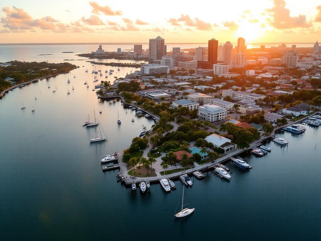 Aerial drone shot of the St. Lucie River meeting the Indian River Lagoon at Stuart's downtown peninsula — golden hour, low-rise skyline visible, sailboats anchored. Establishes "coastal Florida without the Miami density" in one frame.