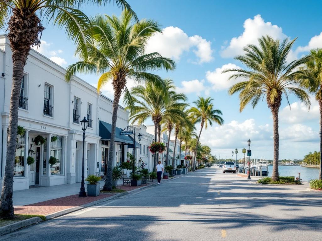 Street-level shot of historic Downtown Stuart — palm-lined streets, low-rise storefronts, with a glimpse of the river at the end of the street. Caption should reference walkability score from the table.
