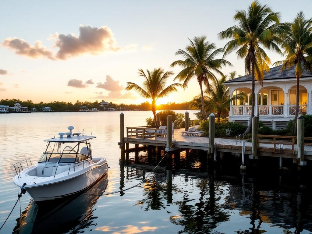 Stuart waterfront home at sunrise with private dock and small boat tied up. Indian River Lagoon backdrop, mangroves visible, lower-density Treasure Coast aesthetic, no high-rises.
