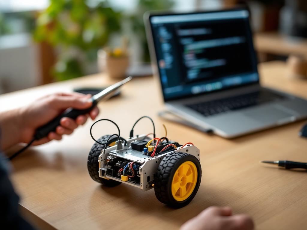 Adult hands (mid-30s to 50s, no faces required) at a wooden home desk, soldering iron resting on stand, half-assembled wheeled robot chassis with exposed wiring, laptop visible showing code editor in background. Warm task lighting. Conveys "seri