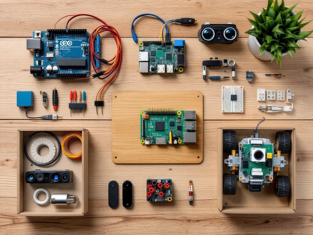 Flat-lay top-down on a wooden surface of three contrasting kits unboxed: Arduino starter components (breadboard, jumper wires, sensors), Raspberry Pi with camera module and small chassis, and a built block-based robot. Even spacing, neutral lighting,
