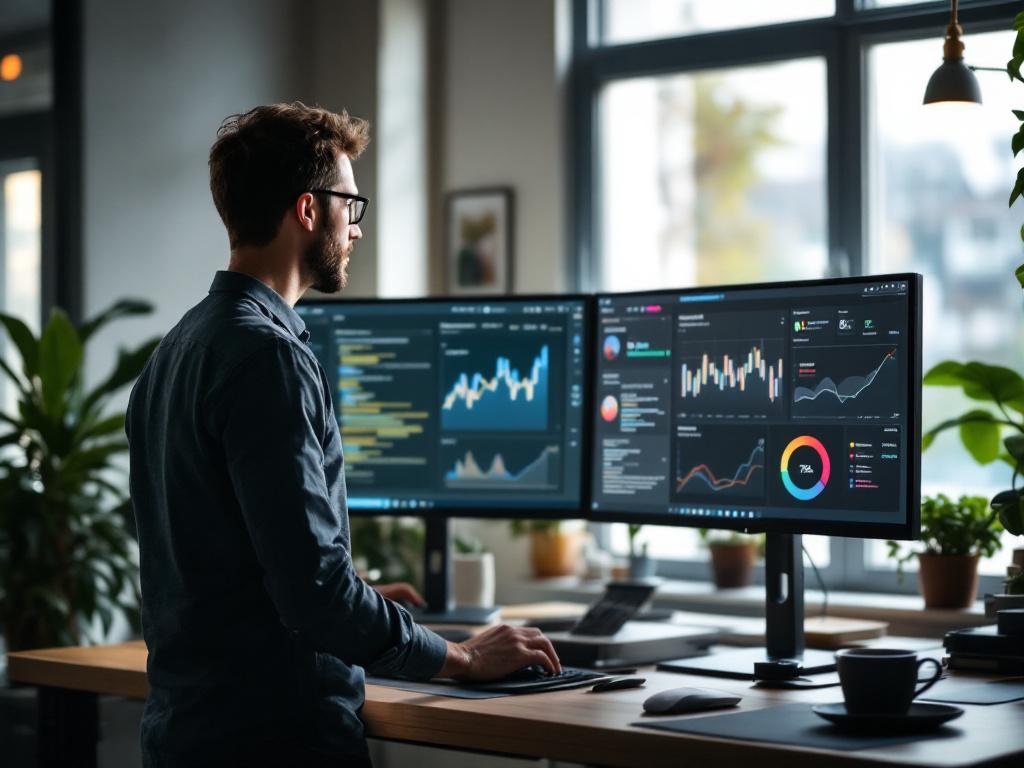 Senior developer at standing desk, two monitors visible — left screen shows a Git commit graph with branching activity, right screen shows a dashboard with colored risk indicators. Soft morning light from a window, no faces visible head-on, shot from
