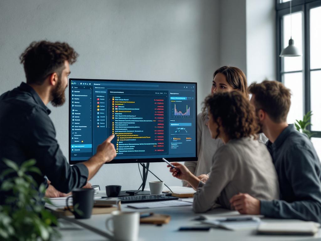 Engineering team of 4-5 people gathered around a monitor showing a sprint board with colored deprecation warnings overlaid on backlog items. One person pointing at the screen, another taking notes. Slightly cluttered modern office, mid-conversation f