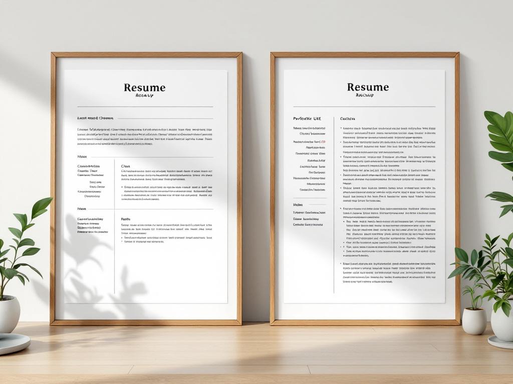 Seite-an-Seite gerahmtes Modell. Links: sauberes ein-Spalten-Anschreiben-Layout, von der Ferne lesbar, klare Abschnitt-Kopfzeilen, Portfolio-URL in der Kopfzeile hervorgehoben. Rechts: unordentliches mehrspaltiges Anschreiben mit farbiger Seitenleiste, eingebetteten Logos, dichtem Text. Platzhalter