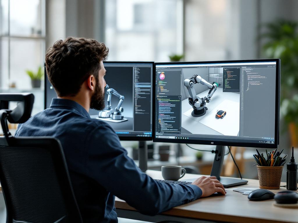 Wide-angle shot of a robotics engineer at a dual-monitor setup — one screen showing a Gazebo or RViz simulation visualization (a robot arm or autonomous mobile robot in a 3D environment), the other showing a code editor with C++ or Python. Lab/office