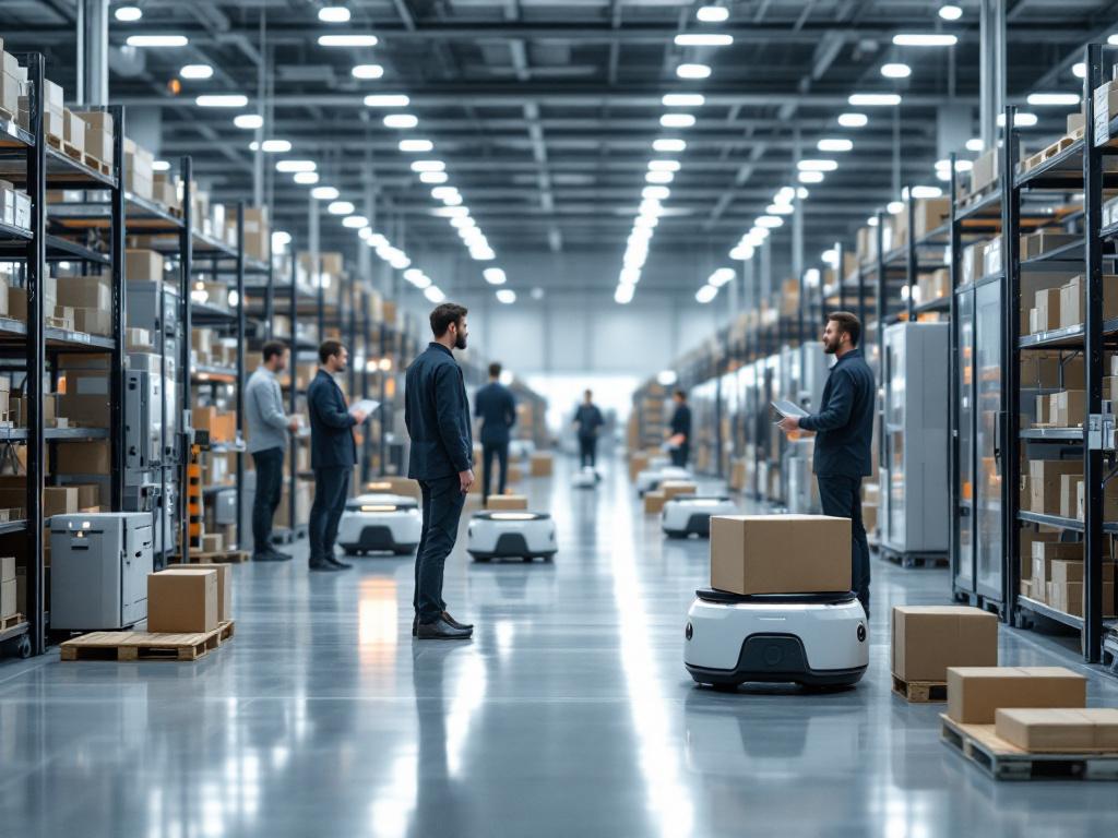 Wide shot of an active robotics environment — a fulfillment facility with autonomous mobile robots navigating between human workers, OR a robotics R&D lab with a robotic arm mid-task and engineers observing. Should convey scale and active deployment,