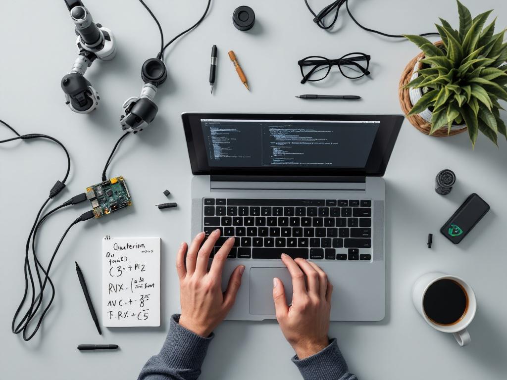 Top-down flat-lay of a robotics developer's workspace. Open laptop showing ROS 2 terminal output or RViz visualization, mechanical keyboard, notebook with handwritten quaternion or transform math, single-board computer (Raspberry Pi or NVIDIA Jetson)