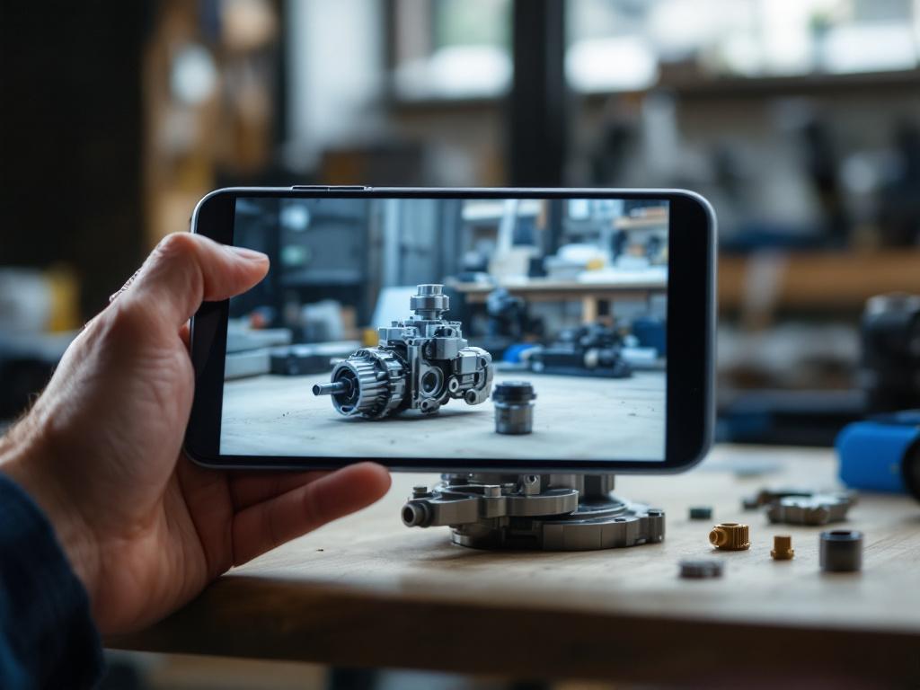 Close-up of a hand holding a smartphone or tablet capturing a complex mechanical part on a workbench. Real workspace, not sterile studio. Slight motion blur on the device suggests active scanning. Natural daylight from a window. Hero image.