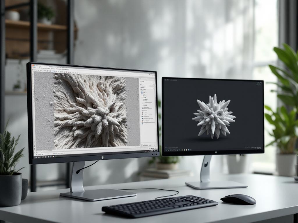 Workspace shot showing two side-by-side monitors. Left monitor displays a noisy, hole-ridden traditional photogrammetry mesh of a complex object. Right monitor shows a clean AI-reconstructed version of the same object. Real outputs preferred over ren