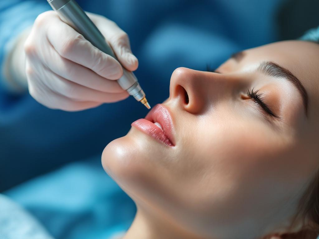 Close-up of a clinician's gloved hand operating an RF microneedling handpiece on a patient's lower cheek/jawline area. Sterile clinical lighting, blue surgical drape visible in background, patient's eye area outside the frame. Purpose: shows the actu