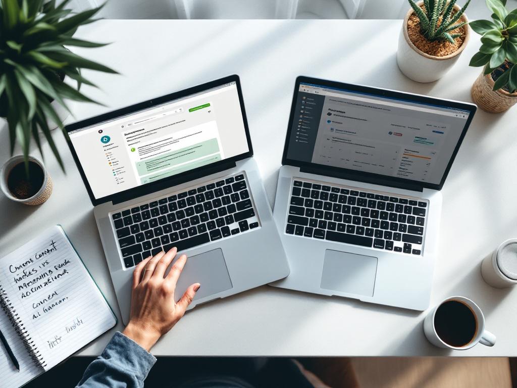 Overhead shot of a desk with two open laptops side-by-side. Left laptop shows a Slack/email thread with an agency. Right laptop shows a content automation dashboard mid-generation. Coffee cup, notebook with handwritten content calendar visible. Natur
