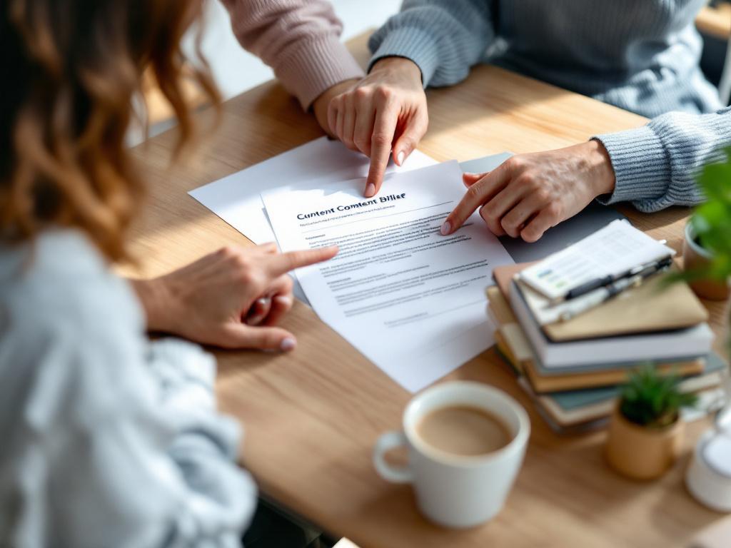 Two-person meeting scene — one person at a laptop, another pointing at a printed content brief on the table between them. Mid-discussion, mid-gesture, not posed. Suggests the agency feedback cycle.