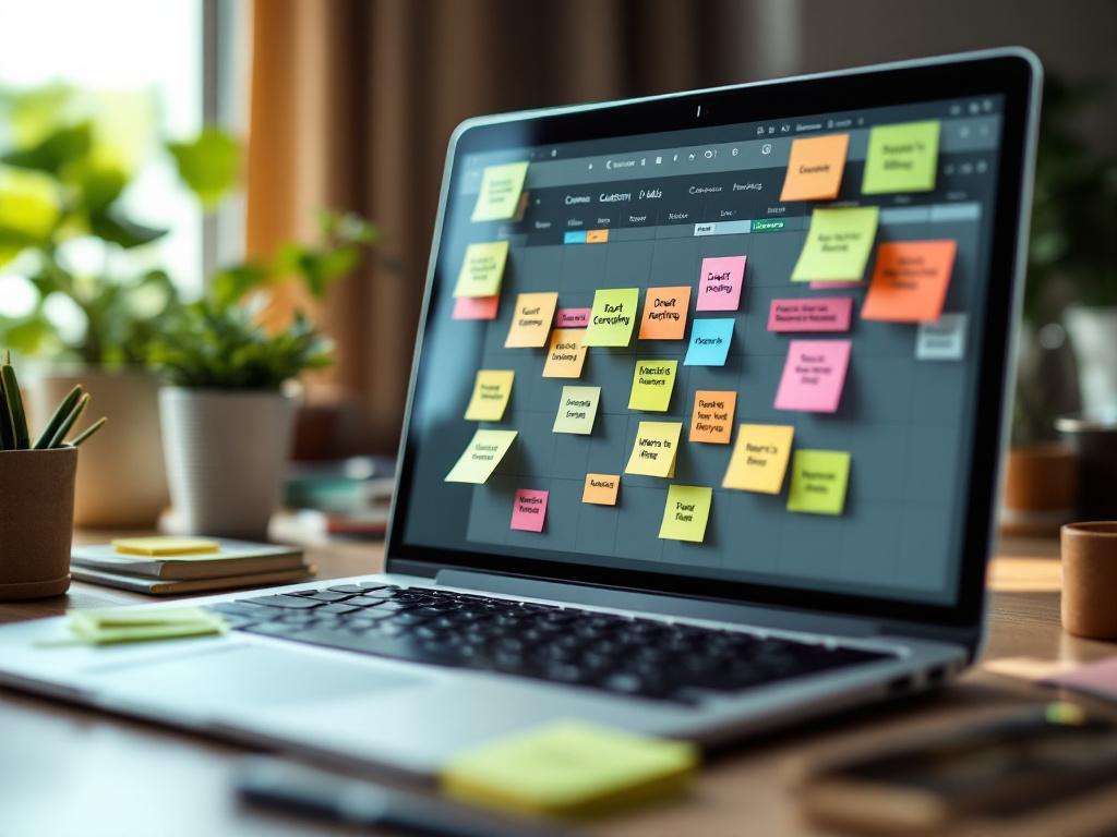Un écran d'ordinateur portable montrant un calendrier de contenu avec les statuts des articles codés par couleur, des notes autocollantes autour disant « brouillon en attente », « a besoin de révision », « où est le brief ? » — angle du bureau, légèrement désordonné, lumière naturelle en milieu de matinée